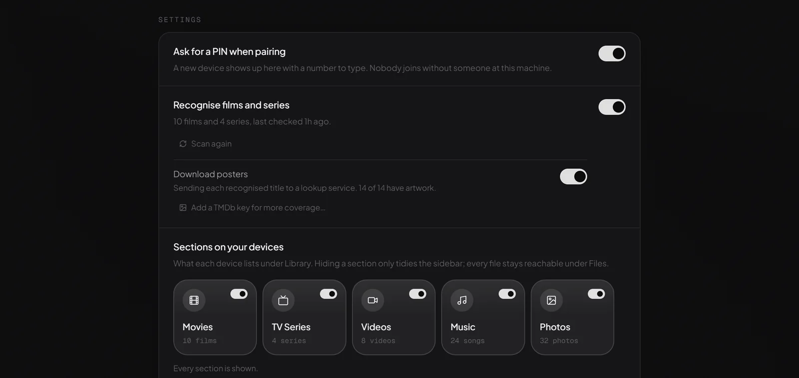 Basalt Host settings: a PIN for pairing, film recognition, and which sections devices show