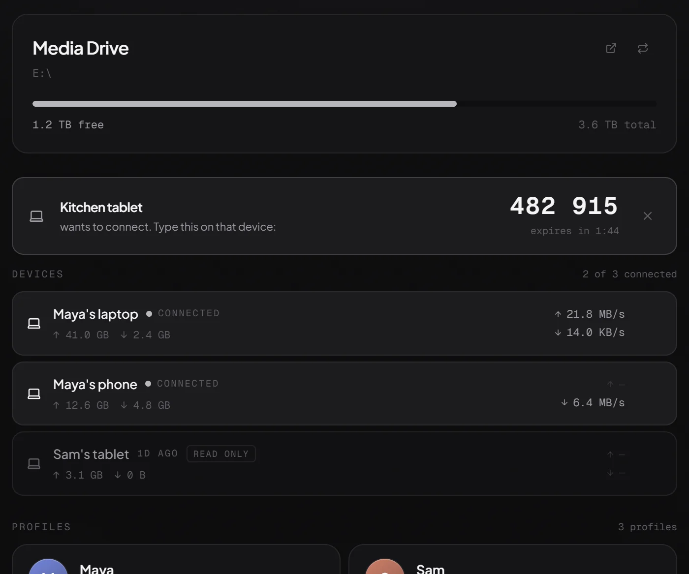 Basalt Host sharing a drive called Media Drive, with a new device asking to join