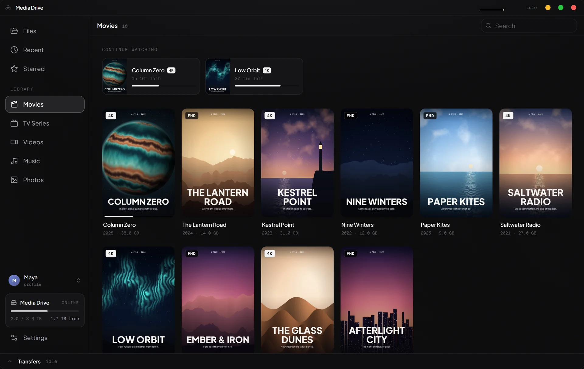 Basalt for Windows showing a Movies library with posters, 4K and Full HD tags, and a Continue watching row