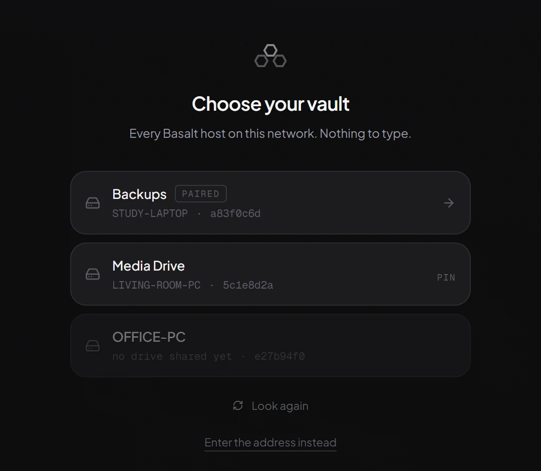 Basalt listing the hosts it found on the network